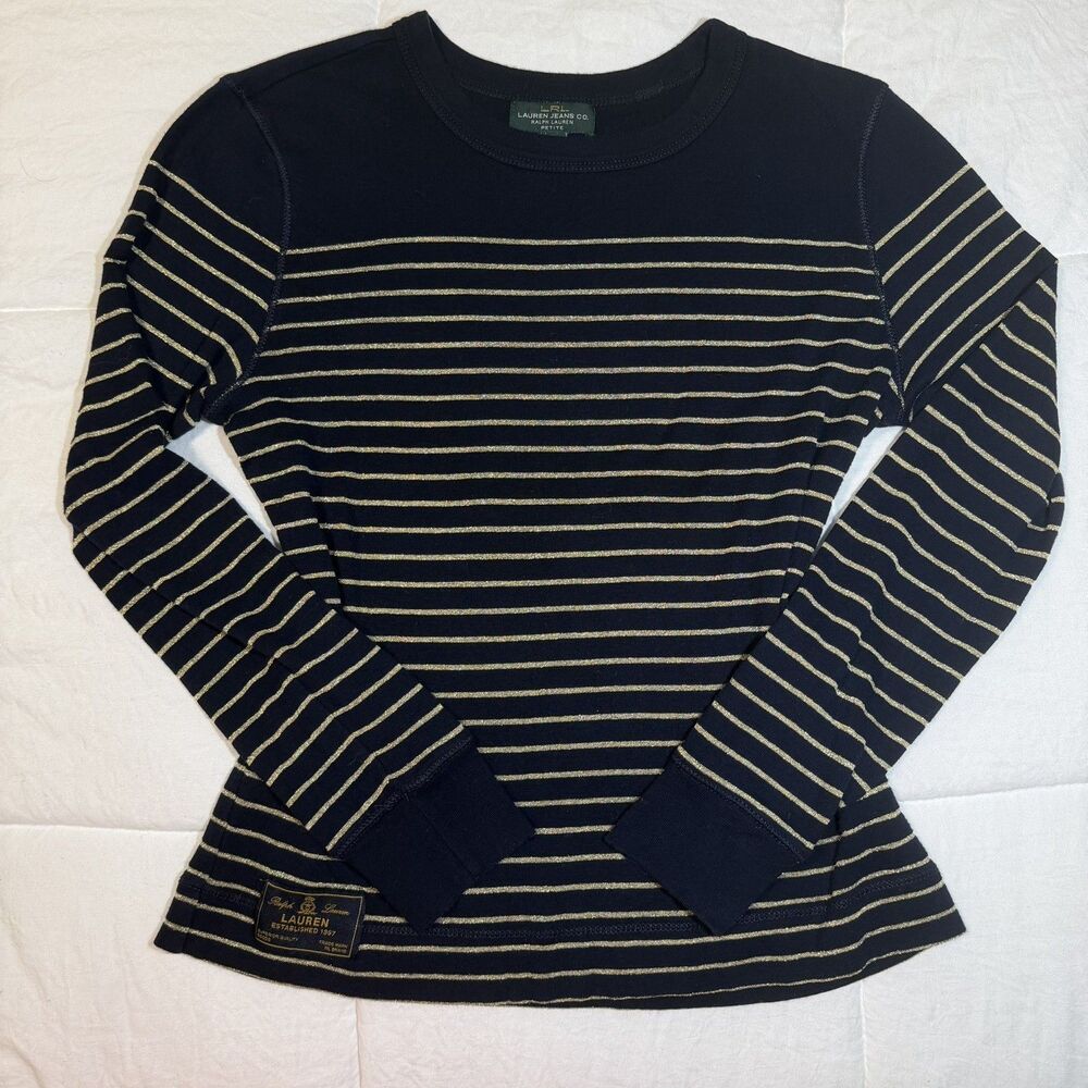 Lauren Ralph Lauren Women Striped Long-Sleeve Top Cotton Navy Gold Petite Medium